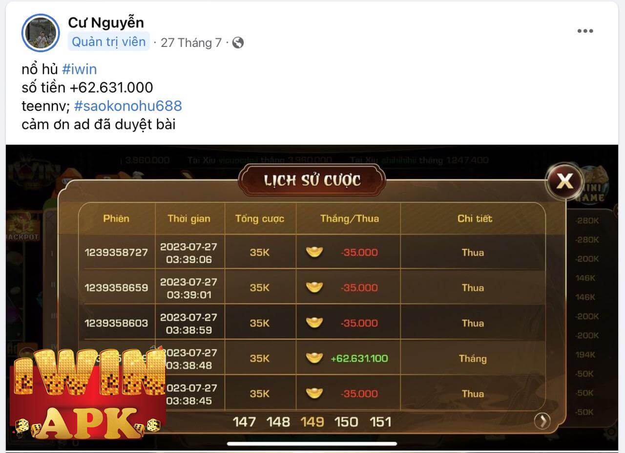 Hình ảnh nổ hủ iwin số tiền 62.631.100 